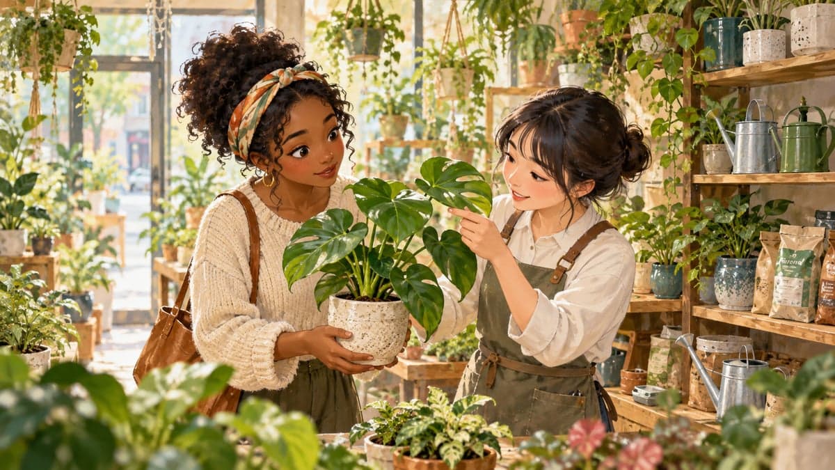 Di sebuah kedai tumbuhan kecil yang penuh dengan dedaunan hijau, seorang wanita kulit hitam muda memegang pokok pasu manakala seorang pembantu kedai Jepun yang memakai apron menunjuk ke daunnya dan menerangkan.