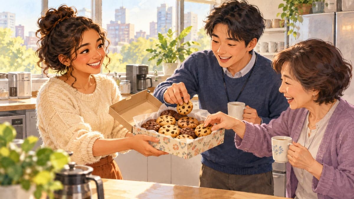 Egy világos irodai konyhában egy fiatal latin nő egy doboz házi sütivel kínál két mosolygós japán munkatársat, az egyik benyúl, hogy elvigyen egyet.