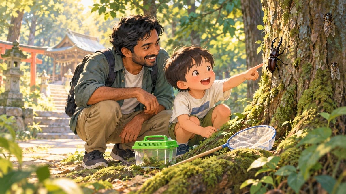 Seorang bapa muda India dan anak jirannya Jepun merengkok di tepi pokok dengan jaring pepijat dan bekas plastik hijau, sambil melihat kumbang rusa di atas kulit kayu.