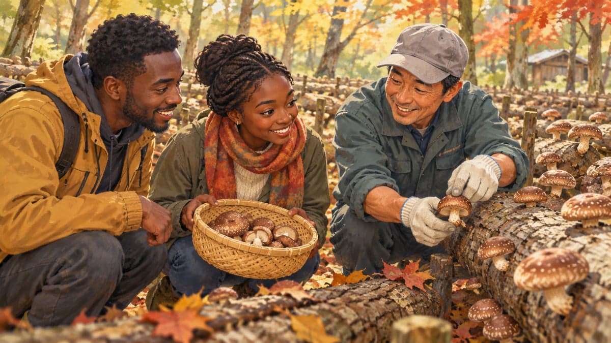 Pemandu ladang Jepun menunjukkan pasangan muda Ghana shiitake yang tumbuh di atas kayu oak bertindan di hutan musim luruh yang rendang, dengan bakul separuh berisi cendawan.
