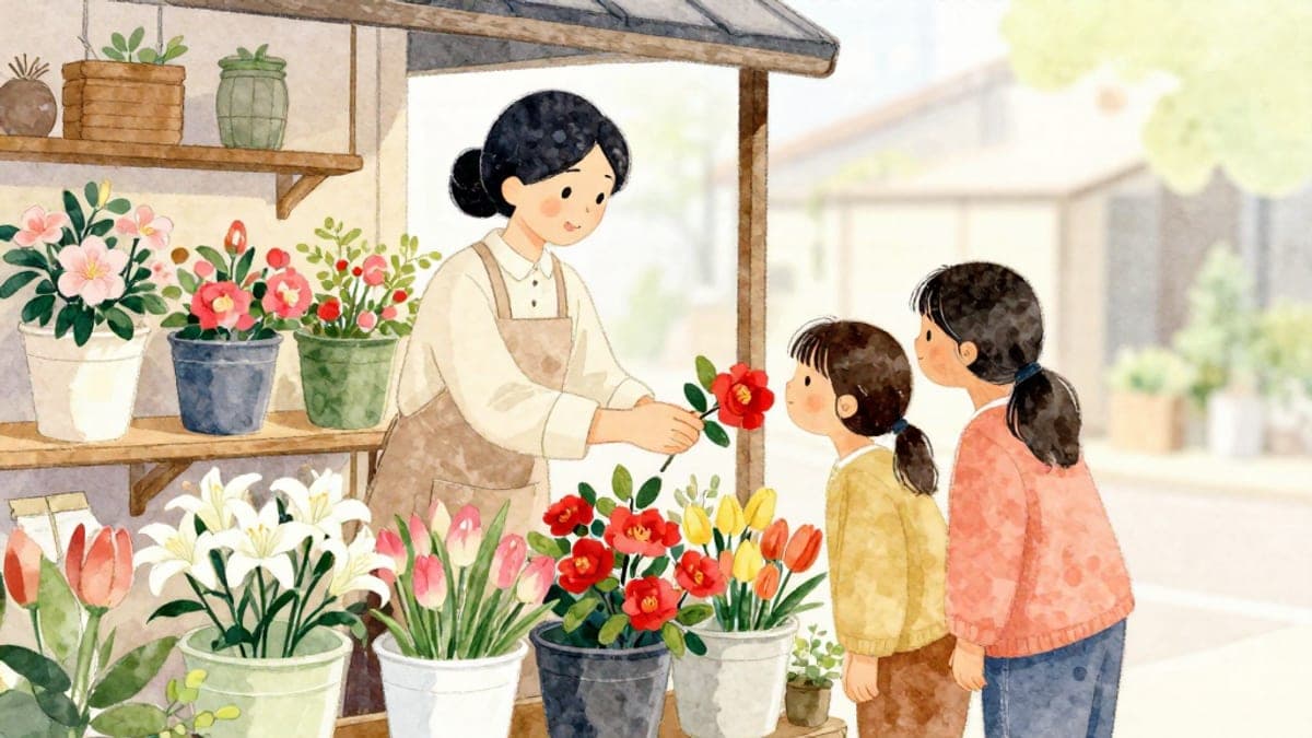 Di sebuah kedai bunga kecil yang penuh dengan baldi bunga segar, seorang kedai bunga Jepun yang tersenyum menyerahkan setangkai bunga kamelia kepada seorang wanita India pertengahan umur dan anak perempuannya yang masih remaja.