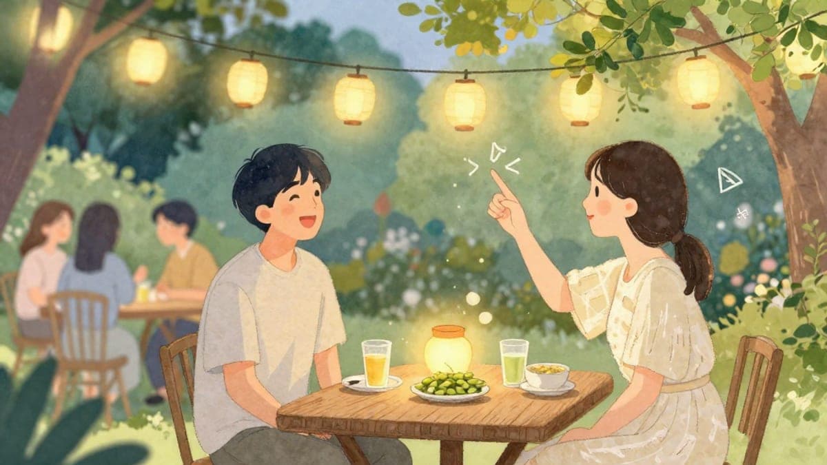 Pada pesta taman yang diterangi oleh tanglung tali hangat, seorang lelaki muda Korea-Amerika ketawa ketika seorang wanita Jepun melukis kanji di udara dengan jarinya.