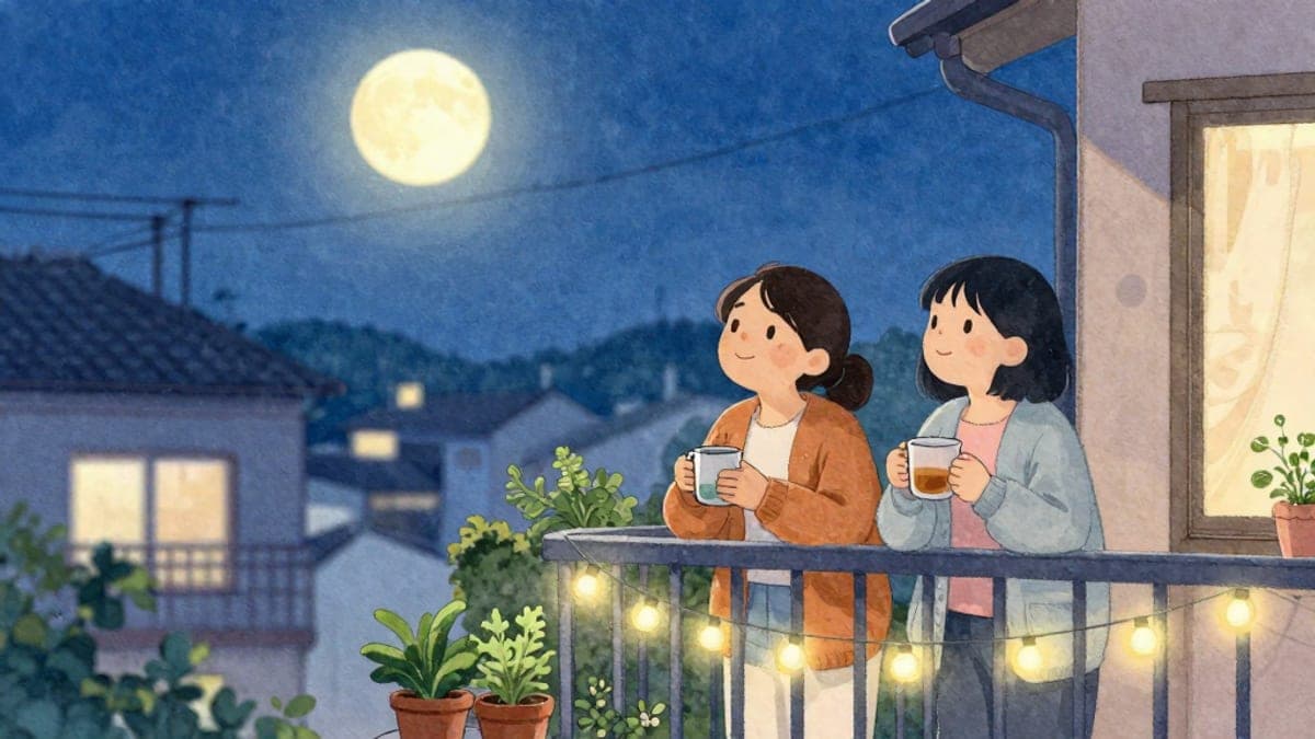 Di balkoni pada waktu malam, seorang wanita muda Mexico dan rakan Jepunnya memandang ke arah bulan purnama yang terang, memegang cawan teh hangat, dengan tanaman pasu di sekeliling mereka.