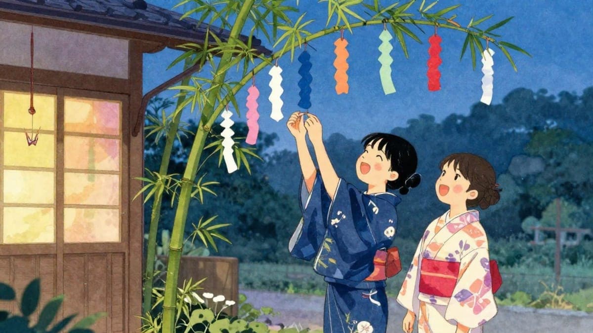 Pada petang musim panas, seorang wanita muda Thai dalam yukata dan rakan Jepunnya menggantung pita kertas berwarna-warni pada dahan buluh di luar rumah kayu.