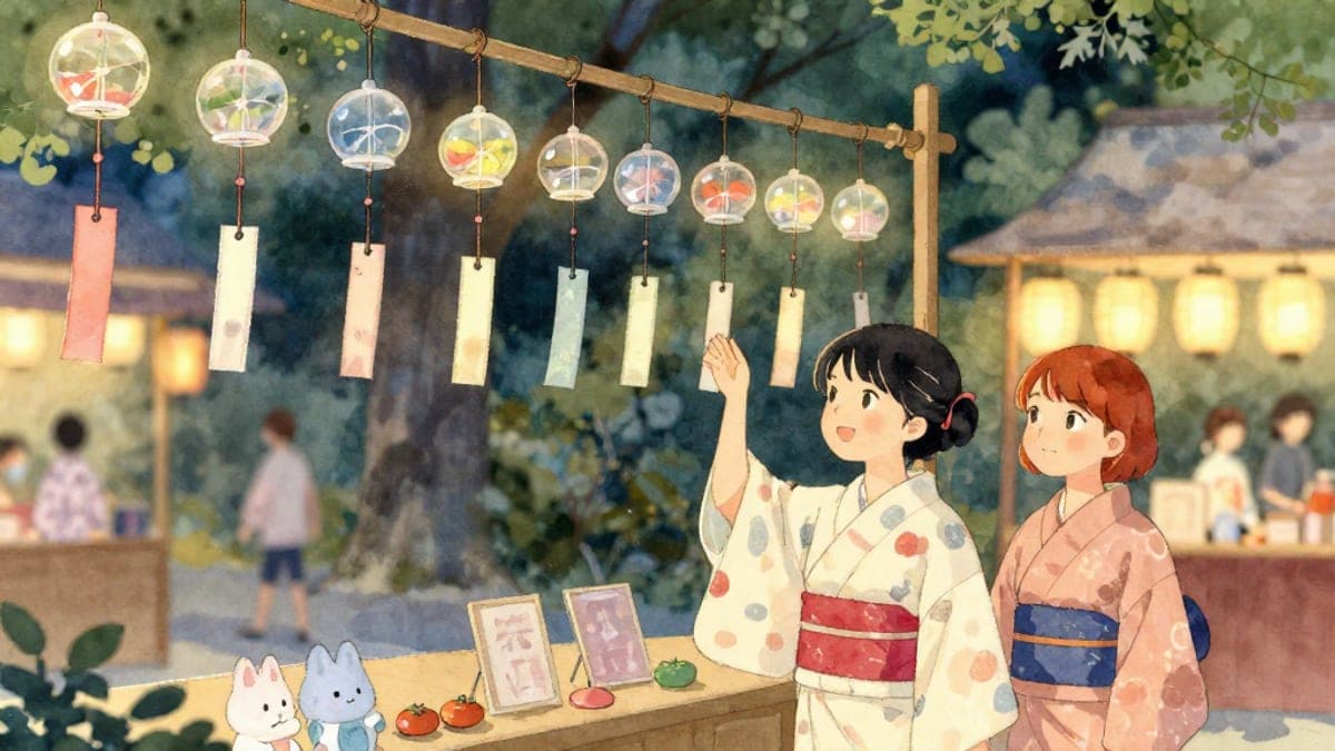 Dua wanita muda pada musim panas yukata berdiri di bawah deretan lonceng angin kaca di pameran kuil, seorang mengangkat lonceng untuk mendengarnya.