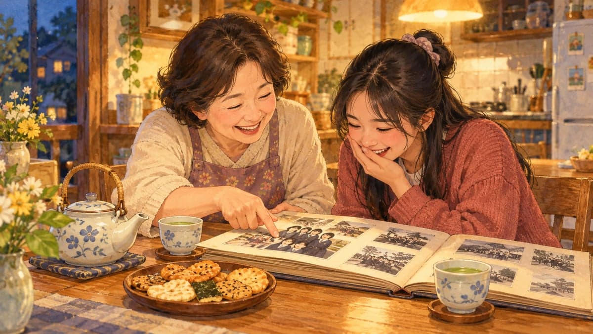 Una madre anfitriona japonesa de mediana edad se ríe con un joven estudiante vietnamita sentado en la mesa de la cocina mientras miran un álbum de fotos de la vieja escuela con tazas de té.