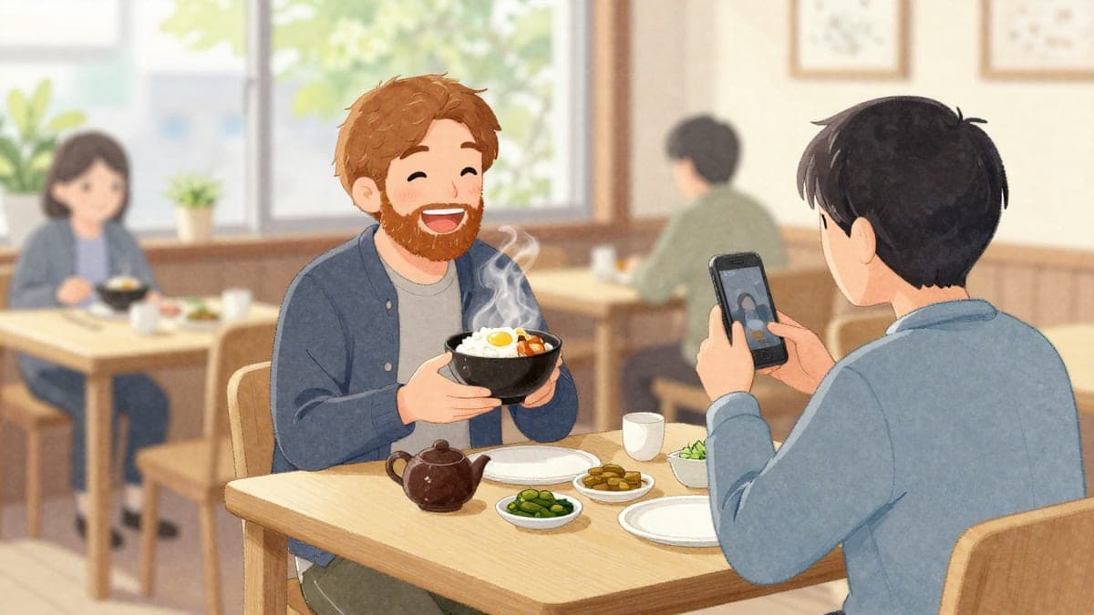 Pelajar di restoran makan tengah hari kecil memegang semangkuk kukus ayam dan telur di atas nasi kepada rakan yang merakam dengan telefon, kedua-duanya ketawa