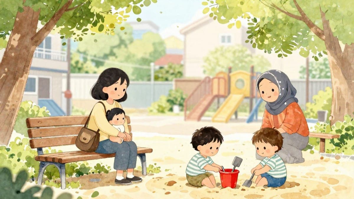Di atas bangku taman permainan yang cerah, seorang ibu muda Jepun dengan anak kembar berbaju belang padanan berbual dengan seorang wanita Turki yang tersenyum, manakala kembar itu berkongsi baldi di dalam lubang pasir.