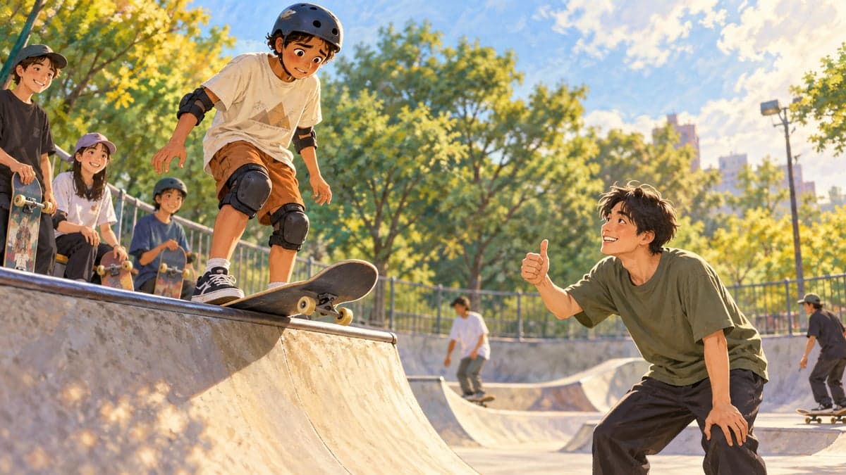 Seorang lelaki muda Jepun memberi ibu jari kepada seorang remaja Mesir yang gugup menunggu di puncak tanjakan kecil di taman skate terbuka pada petang yang cerah.
