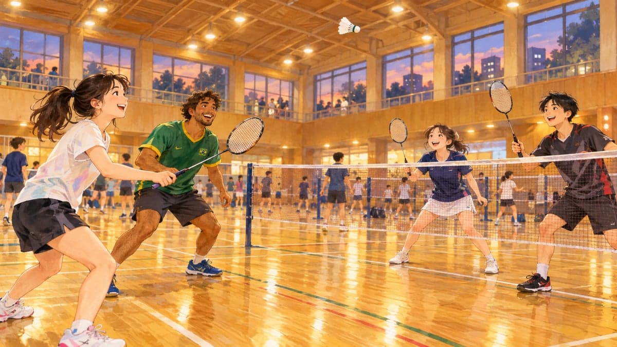 Dua rakan muda, seorang wanita Korea dan seorang lelaki Brazil, bermain badminton beregu dengan pemain Jepun pada sesi terbuka petang di dewan sukan kayu terang.