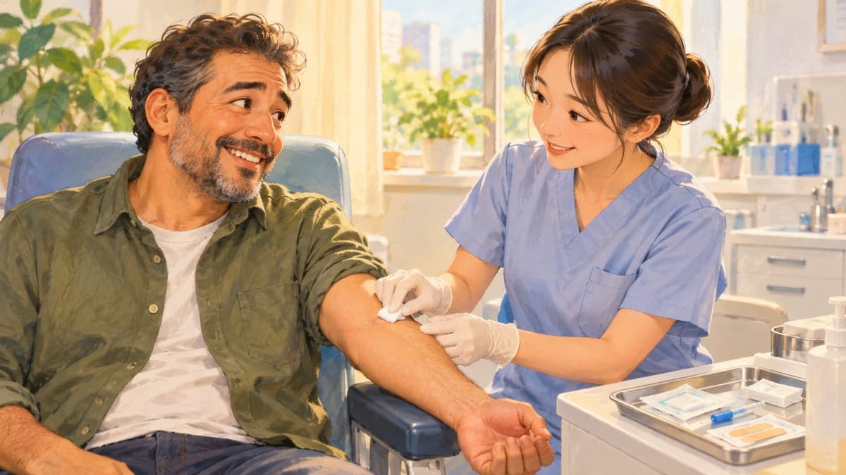 Seorang jururawat Jepun memegang pad kapas pada lengan lelaki yang tersenyum selepas ujian darah di bilik klinik yang terang.