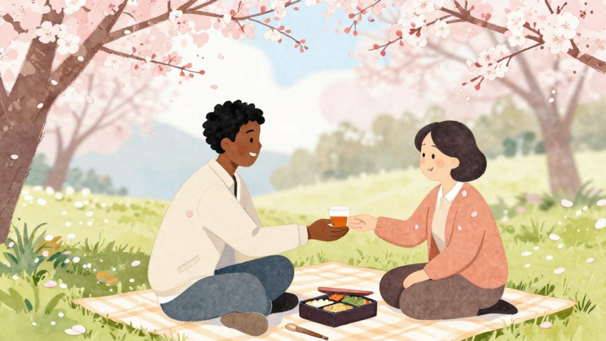 Di bawah pokok ceri yang mekar, seorang lelaki muda Ethiopia menerima secawan kertas teh daripada rakan sekerja Jepun yang ketawa di atas helaian berkelah, dengan kotak bento di antara mereka.