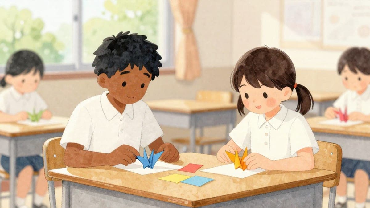 Seorang lelaki kulit hitam muda dan rakan sekelas Jepunnya duduk di meja kelas melipat kren kertas bersama-sama, petak kertas berwarna-warni tersebar di antara mereka dalam cahaya petang.