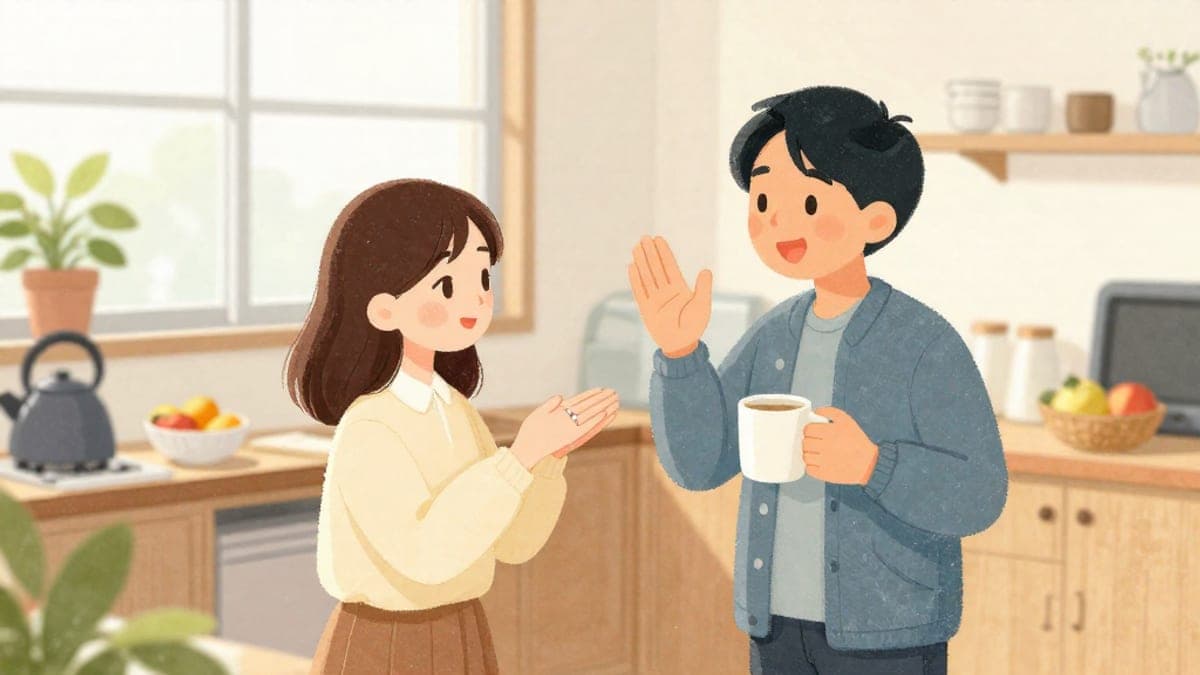 Di dapur pejabat yang terang, seorang wanita muda Jepun menunjukkan cincin pertunangannya kepada rakan sekerja Mexico yang gembira sambil memegang cawan, kedua-duanya berseri-seri.