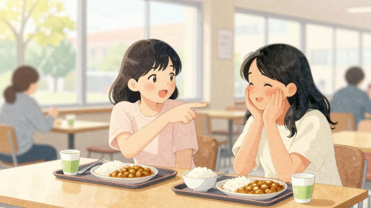 Dua wanita muda, seorang Jepun dan seorang India, ketawa dan bersandar ke arah satu sama lain di atas dulang makan tengah hari di meja kafeteria universiti yang cerah.
