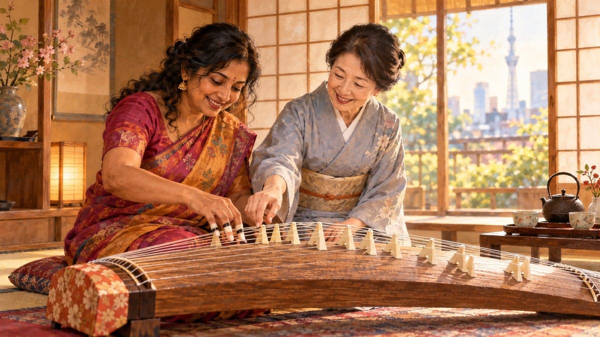 Seorang wanita mencuba koto buat kali pertama di dalam bilik muzik berdinding kayu manakala seorang guru Jepun yang lebih tua melutut di sebelahnya dan membimbing tangannya.
