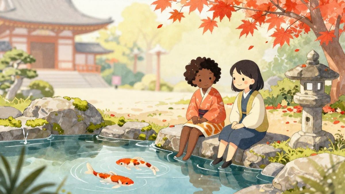 Seorang wanita muda Kenyan dan rakan Jepunnya duduk di tepi kolam koi di taman kuil di bawah pokok maple, tersenyum dan bercakap dengan lembut.