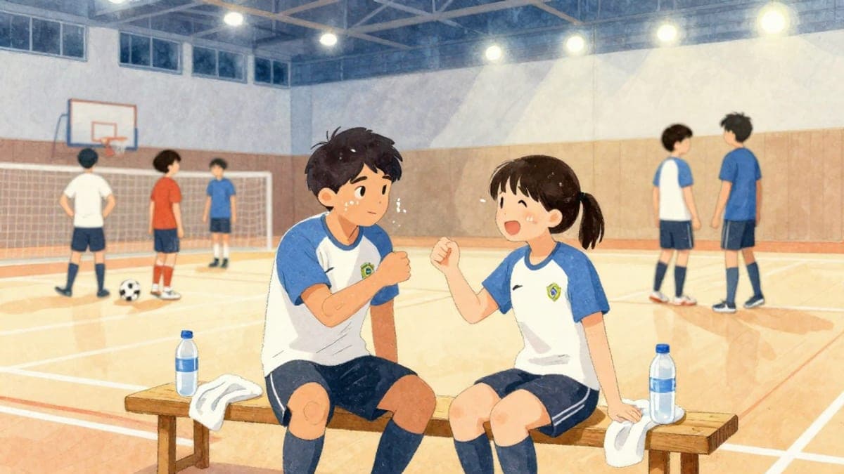Dua rakan sepasukan futsal yang berpeluh, seorang lelaki muda Brazil dan seorang wanita Jepun, menumbuk penumbuk di atas bangku di sebelah gelanggang tertutup dengan botol air dan tuala di kaki mereka.