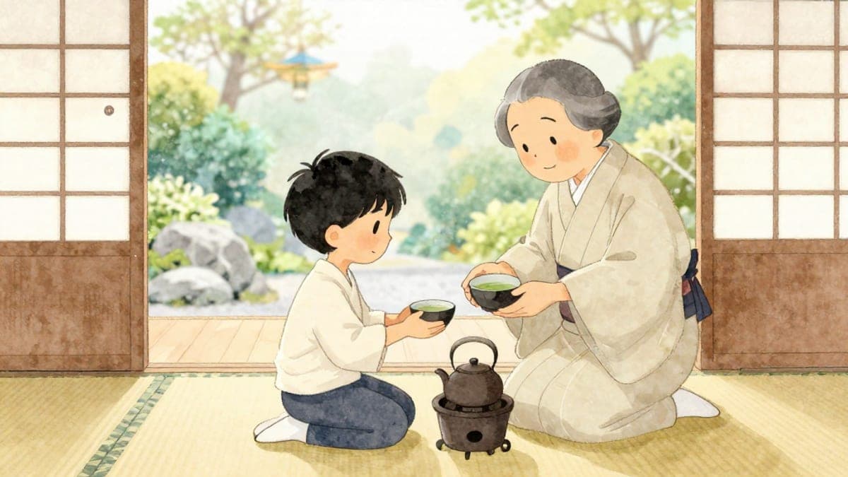 Seorang lelaki muda India melutut di atas tatami memegang mangkuk teh dengan kedua-dua belah tangan manakala seorang guru teh Jepun yang lebih tua dalam kimono tersenyum dan menunjukkan kepadanya cara membeleknya.