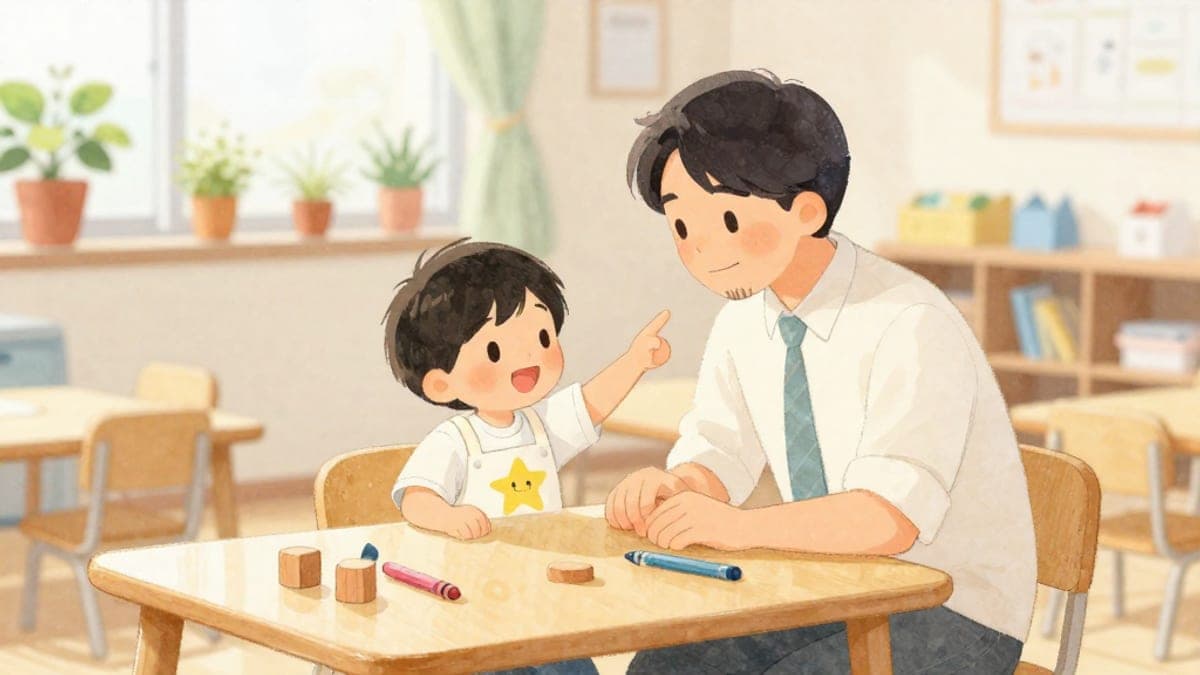 Seorang guru asing muda melutut di sebelah budak lelaki kecil di meja kelas, kedua-duanya tersenyum sambil budak itu menunjuk tanda namanya sendiri manakala cahaya matahari masuk melalui tingkap yang penuh dengan tumbuhan.