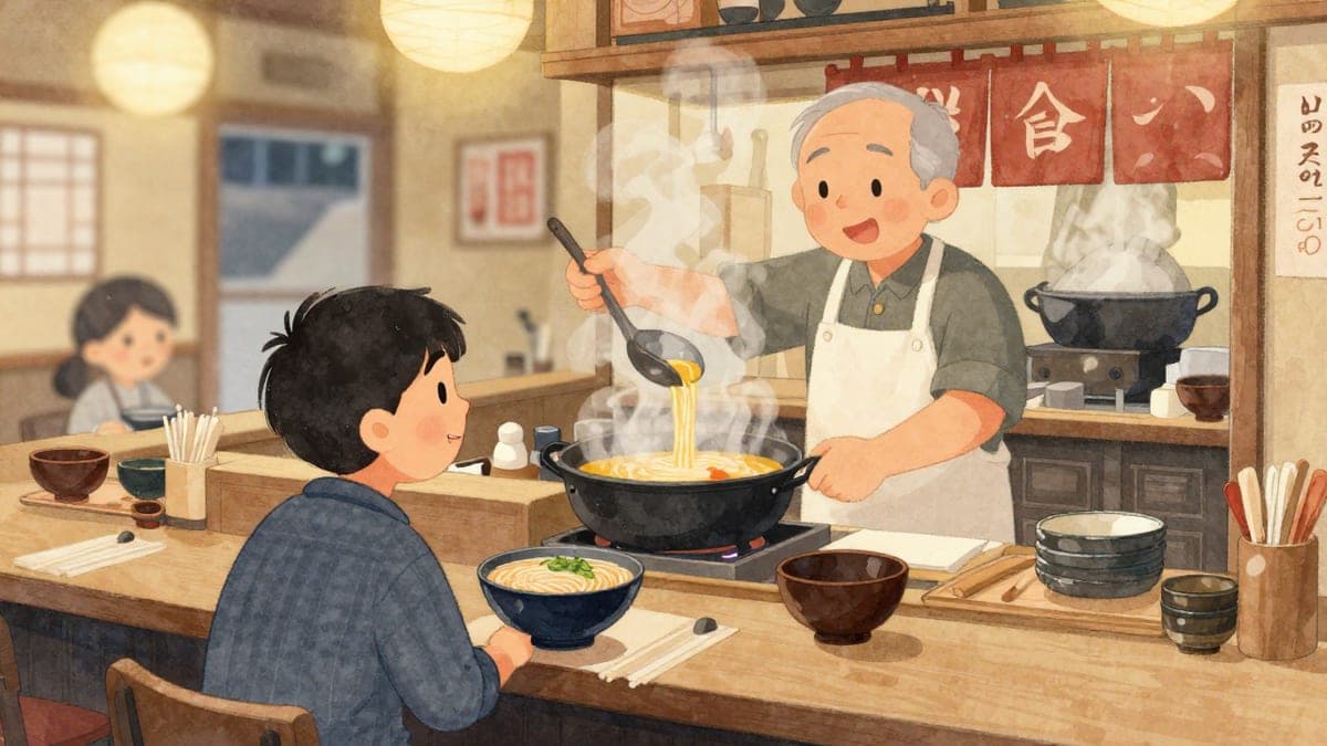 Seorang lelaki asing muda di kaunter ramen kayu mencondongkan badan ke hadapan dengan penuh minat ketika pemiliknya mengangkat sesudu sup emas di atas periuk kukus.
