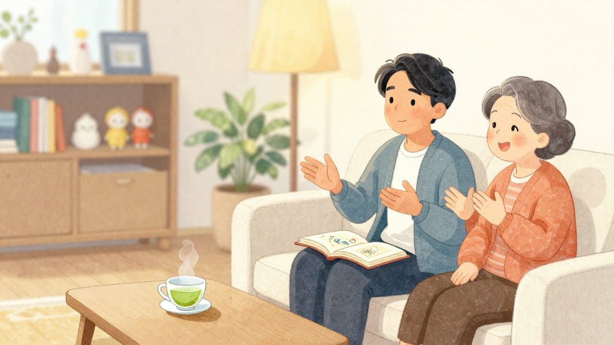 Pelajar pertengahan umur di atas sofa dengan buku nota, memberitahu rakan Jepun yang tersenyum tentang episod kartun sambil memberi isyarat dengan kedua-dua tangan