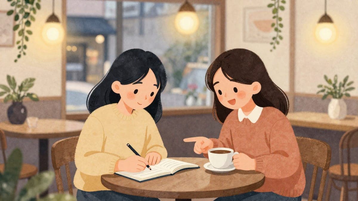 Dua wanita muda di meja kafe pada waktu petang, seorang menulis dalam buku kerja manakala seorang lagi ketawa dan menunjuk ke arahnya, lampu hangat dan tumbuh-tumbuhan di sekeliling mereka.
