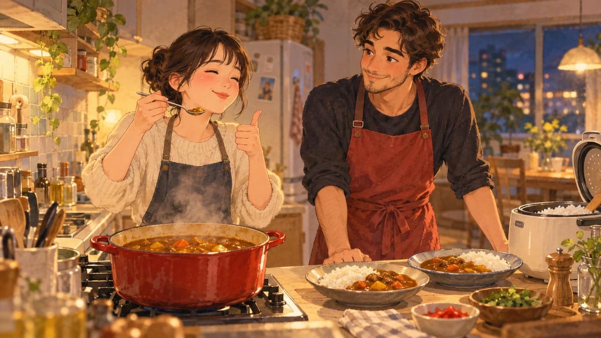 Di dapur pangsapuri yang kecil dan selesa, seorang wanita muda Jepun menjamah sesudu kari dan mengangguk mengiyakan sementara rakannya, yang masih memakai apron, menunggu dengan senyuman penuh harapan.