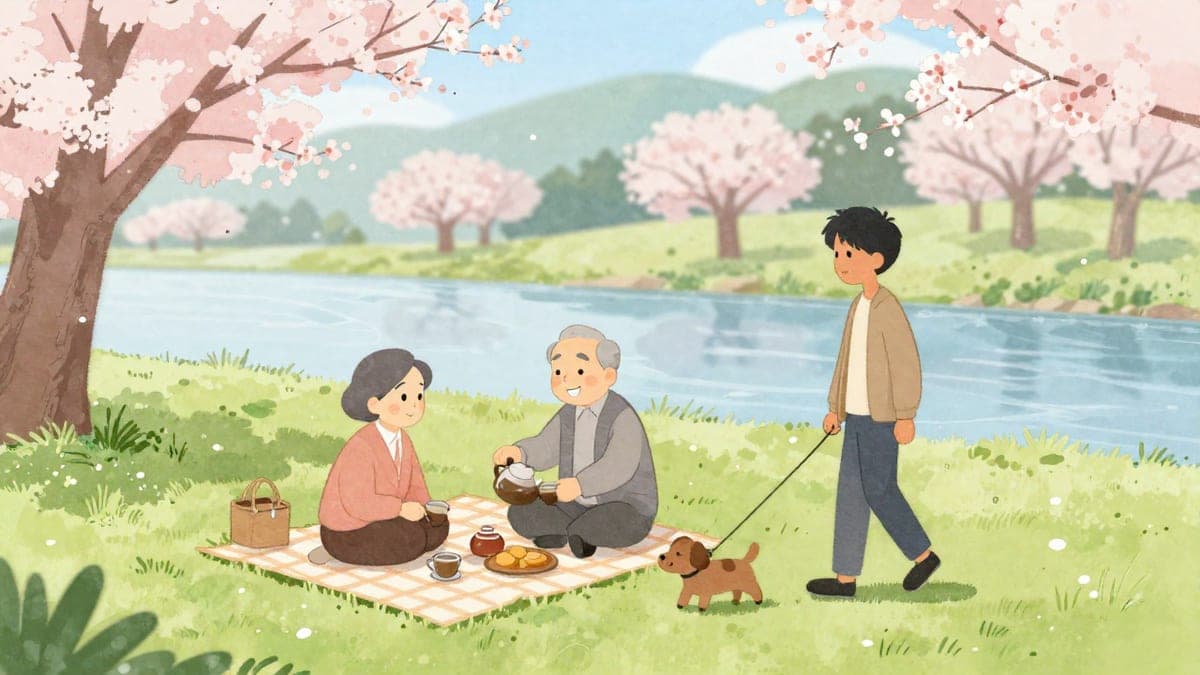 Starší japonský pár sdílí piknikovou deku v parku, zatímco se na ně usmívá mladý Jihoasijec venčící svého psa.