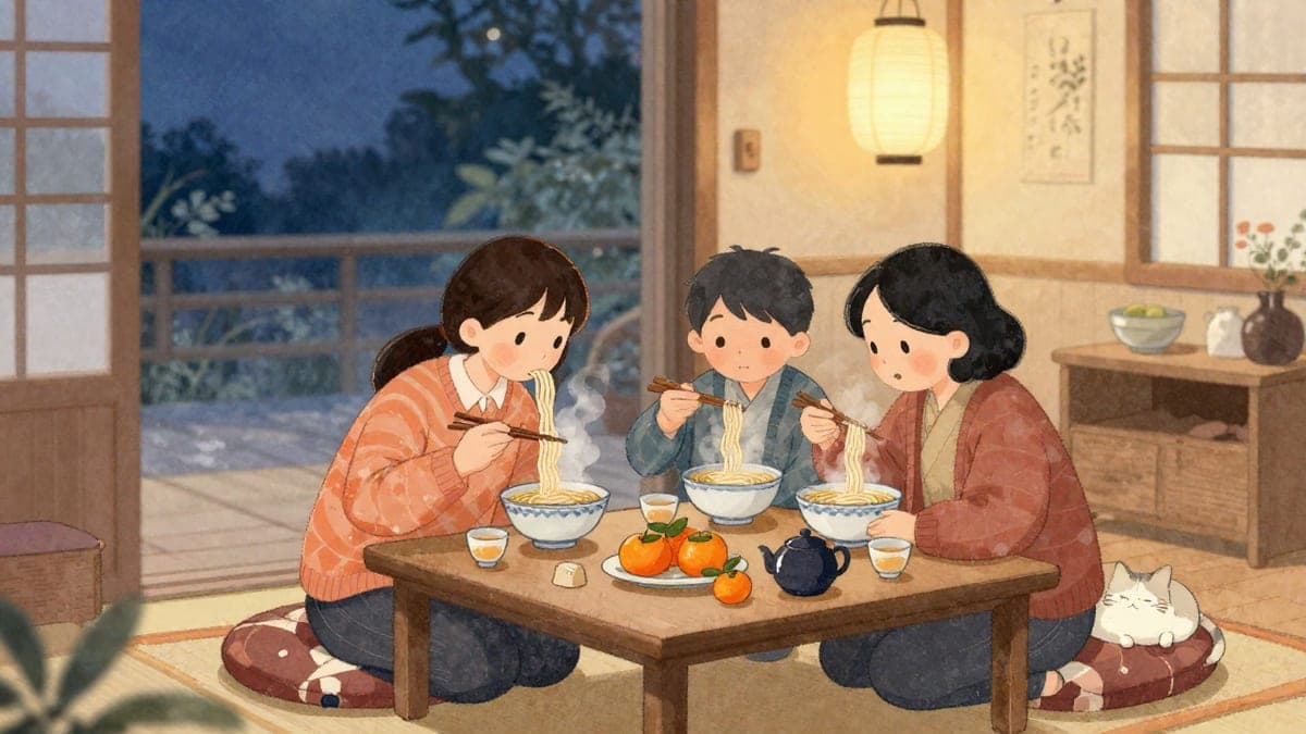 Seorang wanita asing muda dan keluarga rakan Jepunnya menghirup soba daripada mangkuk kukus di sekeliling meja rendah pada larut malam, mandarin dan teko berdekatan.