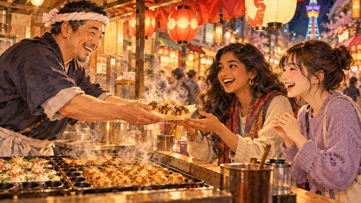 Seorang pemilik gerai yang tersenyum dengan ikat kepala menyerahkan bot takoyaki yang mengukus kepada dua wanita muda di sebuah gerai kecil di jalanan dalam cahaya lampu malam yang hangat.