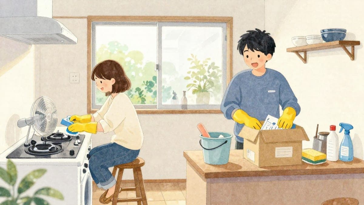 Dua rakan sebilik bersarung tangan getah ketawa ketika mereka membersihkan dapur yang cerah, seorang menyental kipas dapur pada bangku tangga manakala yang lain menyusun barang ke dalam kotak.