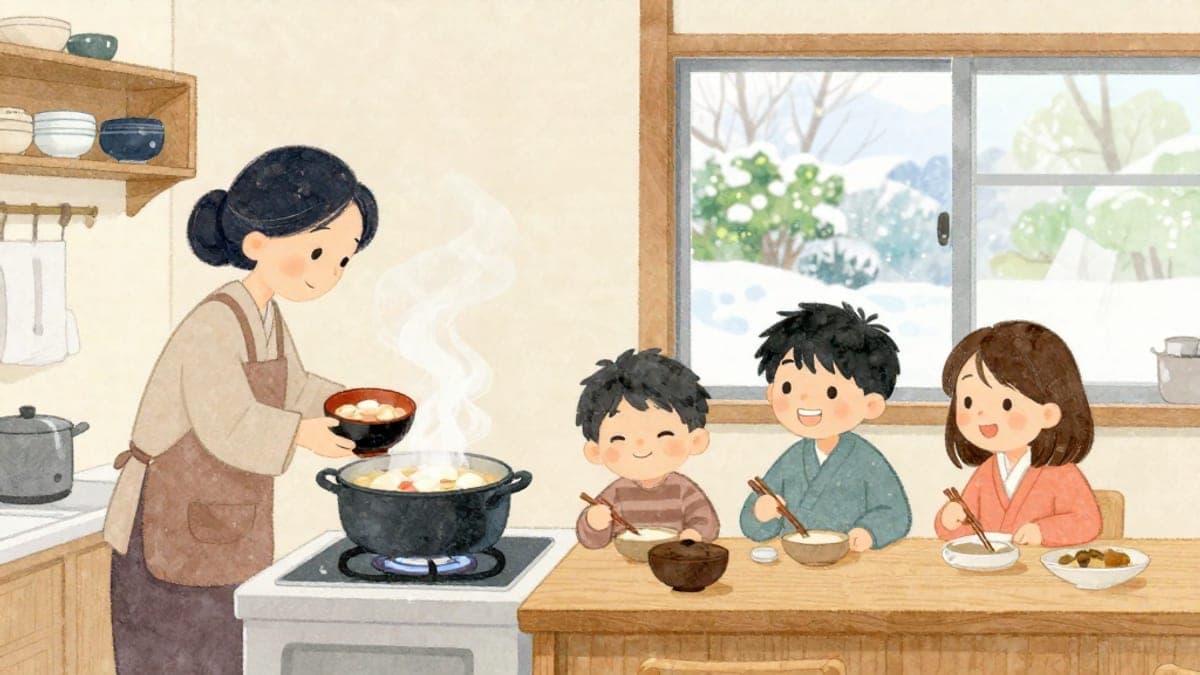 Seorang ibu Jepun mengangkat semangkuk mochi sup dari periuk mengukus sementara anak lelakinya yang masih remaja dan tetamu muda Korea menunggu di kaunter dapur kayu pada pagi musim sejuk.