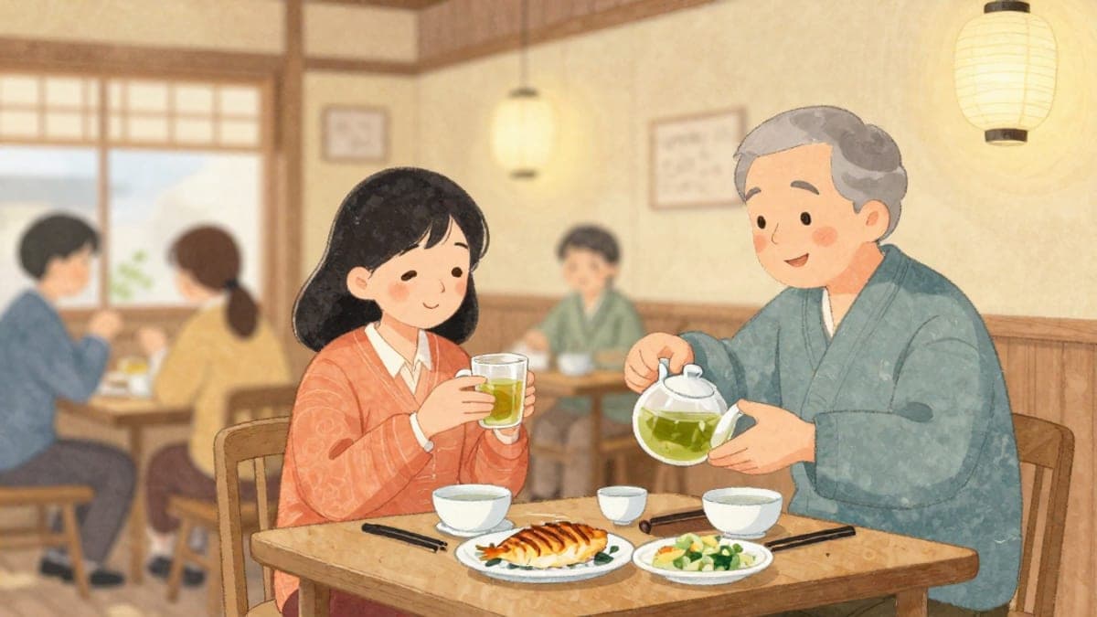 Di meja rendah di dalam bilik restoran yang selesa, seorang wanita muda mengangkat gelasnya dengan kedua-dua belah tangan sambil rakan sekerja yang lebih tua tersenyum menuang teh oolong untuknya.