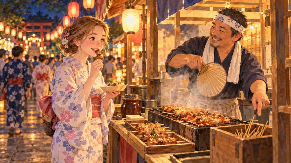 Seorang wanita muda warga asing dalam yukata makan sebatang lidi berdiri di sebelah gerai perayaan manakala seorang penjual tersenyum mengipas panggangan di bawah tanglung hangat.