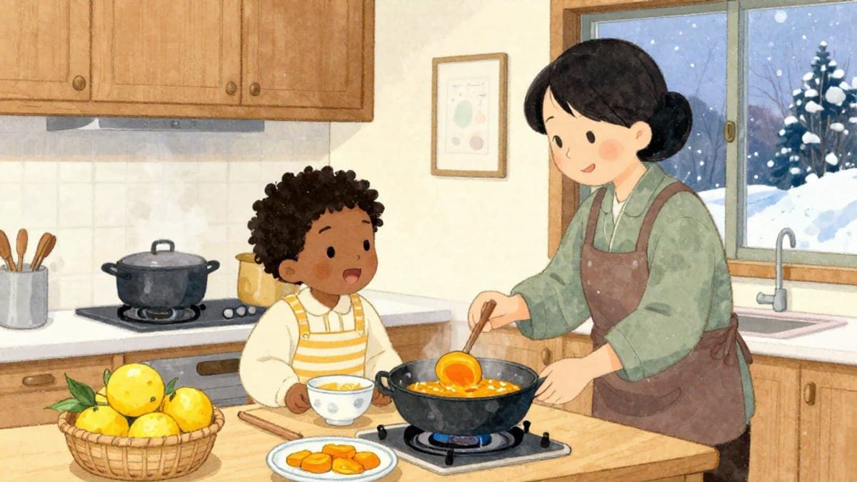 Di dapur rumah yang hangat pada petang musim sejuk, seorang lelaki muda dan ibu tuan rumahnya menghidangkan kabocha ke dalam mangkuk kecil, sebakul yuzu di kaunter.