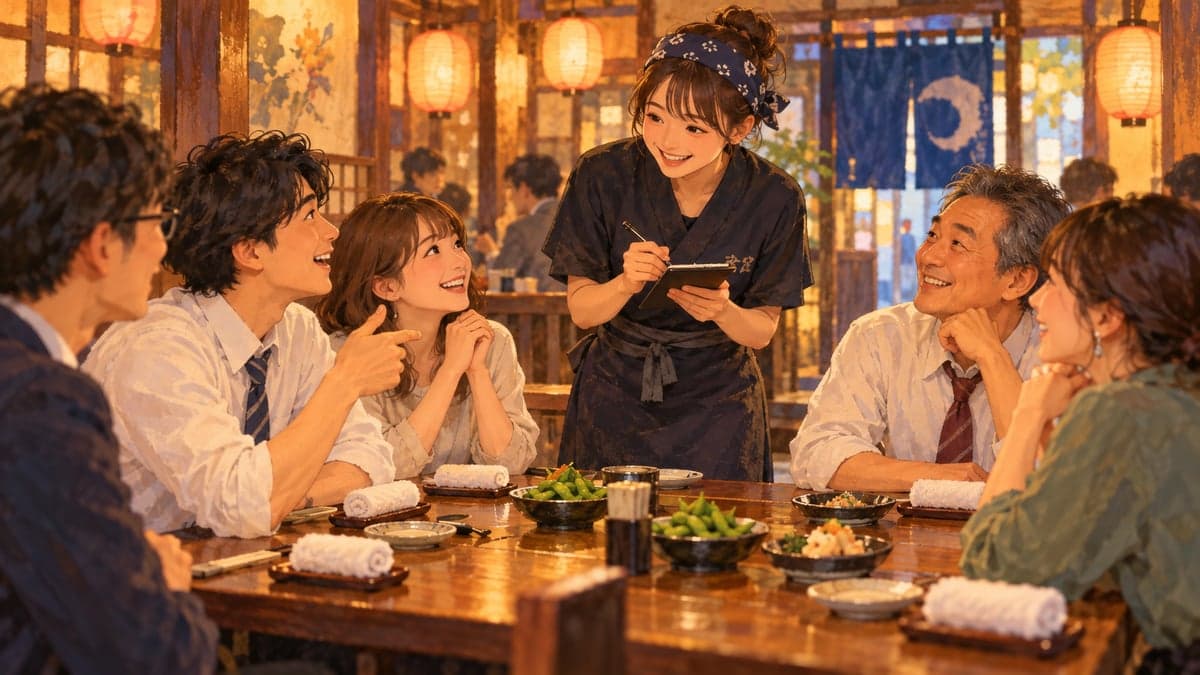 Seorang kakitangan dalam apron gelap mengambil pesanan minuman pertama daripada sekumpulan rakan sekerja yang tersenyum di meja rendah dalam lampu tanglung izakaya.