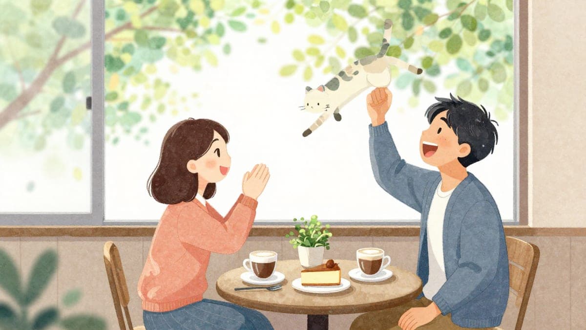 Rakan-rakan di meja kafe ketawa bersama-sama ketika salah seorang daripada mereka meniru kucingnya melompat, dengan cawan kopi dan tingkap yang penuh dengan kehijauan