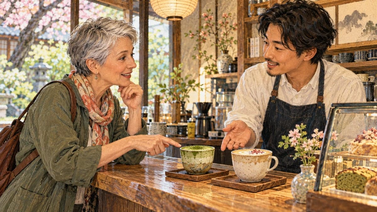 Seorang pelanggan dengan sopan bertanya kepada barista tentang dua minuman di kaunter kafe yang sunyi.