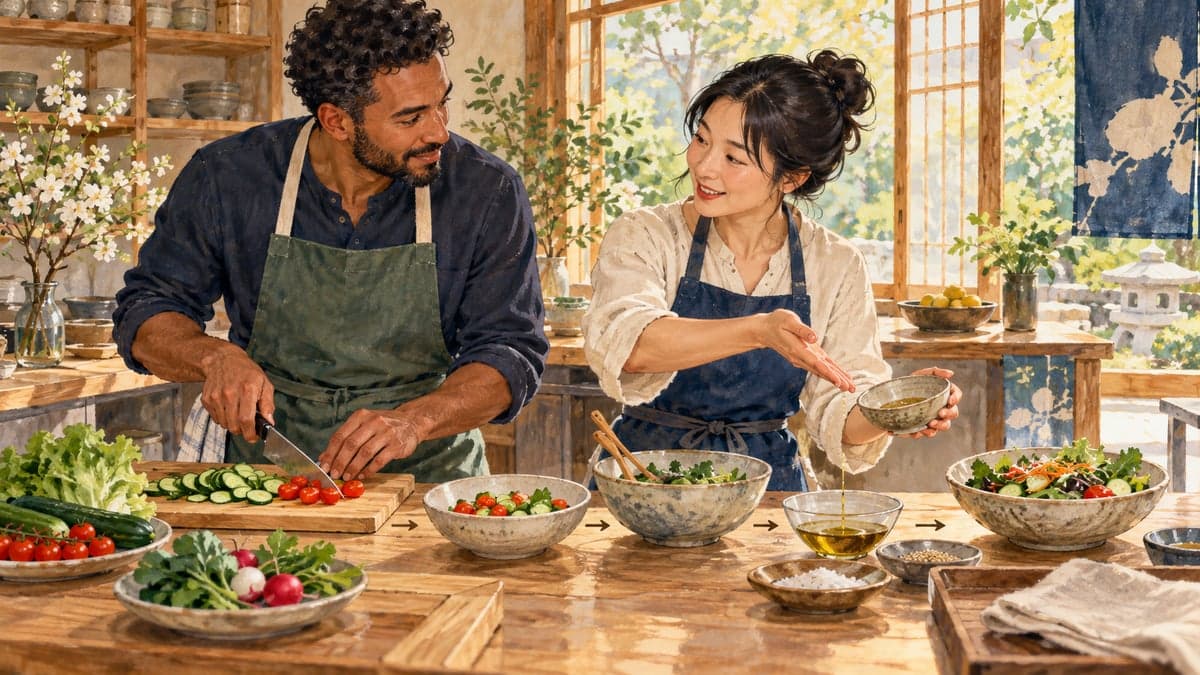 Dua orang dewasa menerangkan susunan penyediaan salad ringkas dalam kelas memasak komuniti.