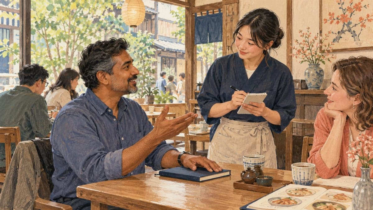 Pelajar menutup buku catatannya dan menjelaskan satu contoh singkat bahasa Jepang dengan percaya diri