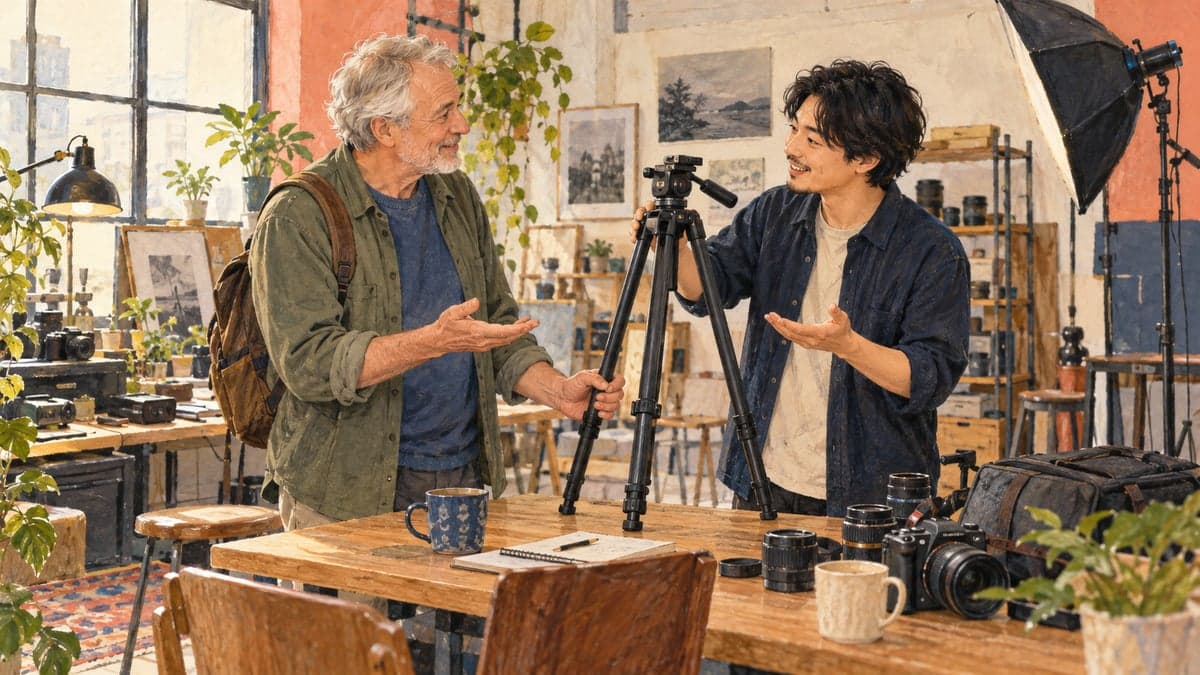 Dua rakan berbincang untuk meminjam tripod dan bila hendak memulangkannya di sebuah studio kecil