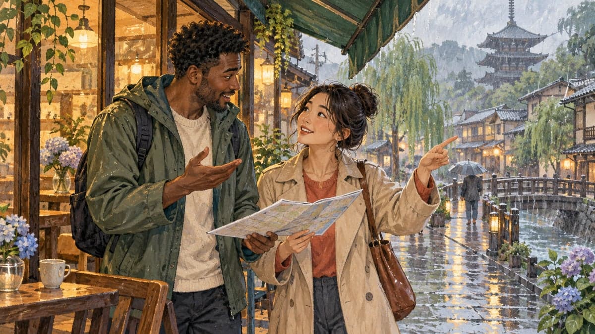 Dua orang rakan berbincang untuk menukar acara sambil berdiri di bawah kajang kafe pada hari hujan.