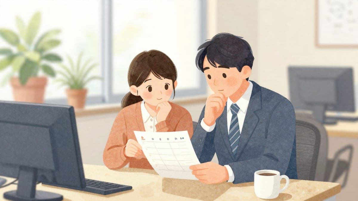 Mladá zahraniční zaměstnankyně a její japonský manažer si společně prohlížejí papírový plánovač u stolu u slunečného okna a manažer zamyšleně přikyvuje.