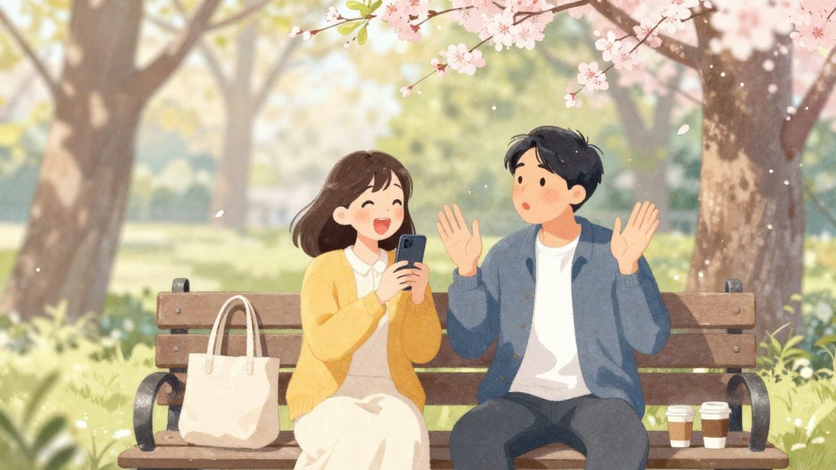 Dua rakan di bangku taman, seorang ketawa dan menjauhkan telefonnya manakala seorang lagi mencondongkan badan sambil mencebik.