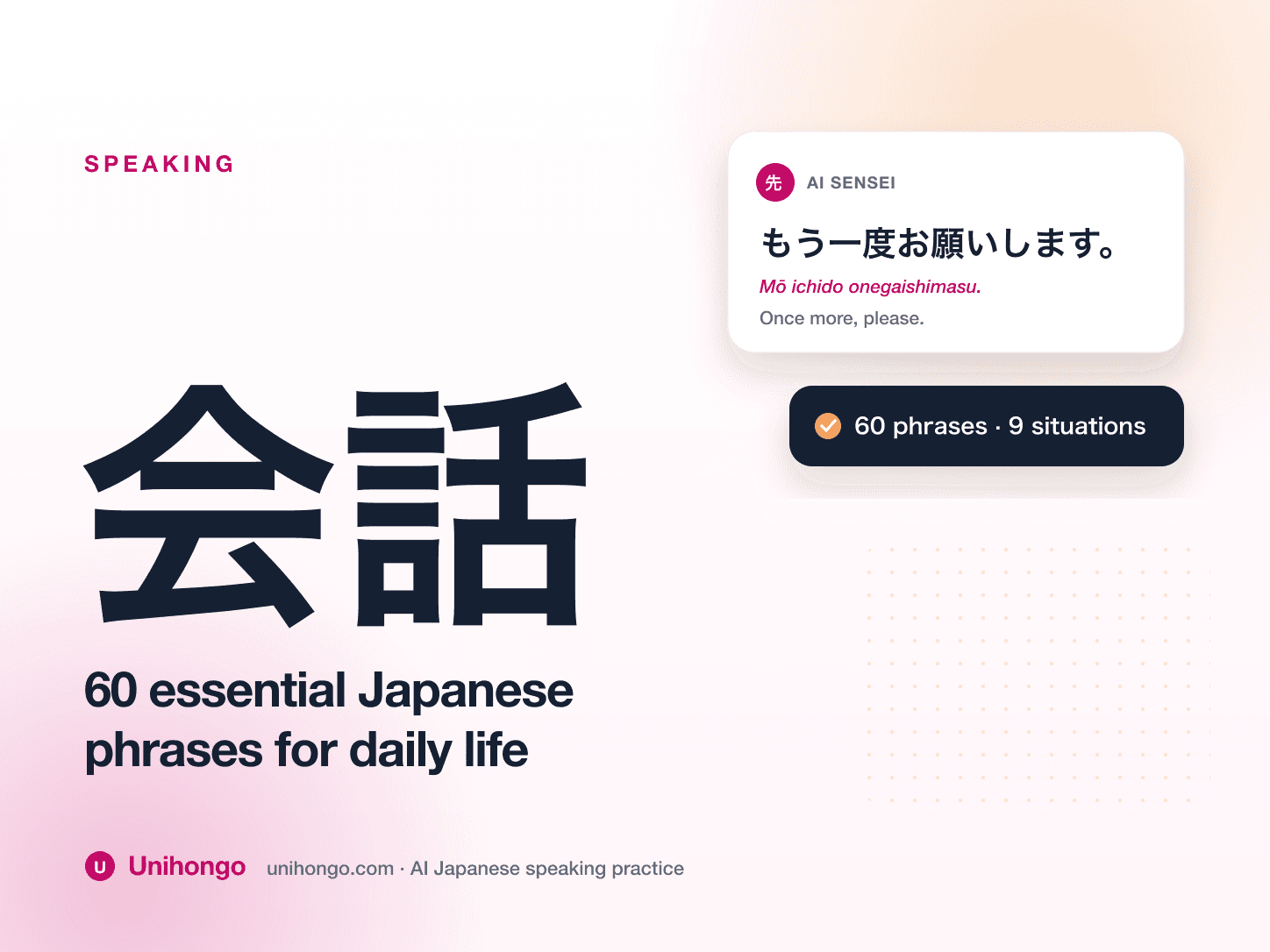 Illustration with the kanji for conversation and speech bubbles with common phrases