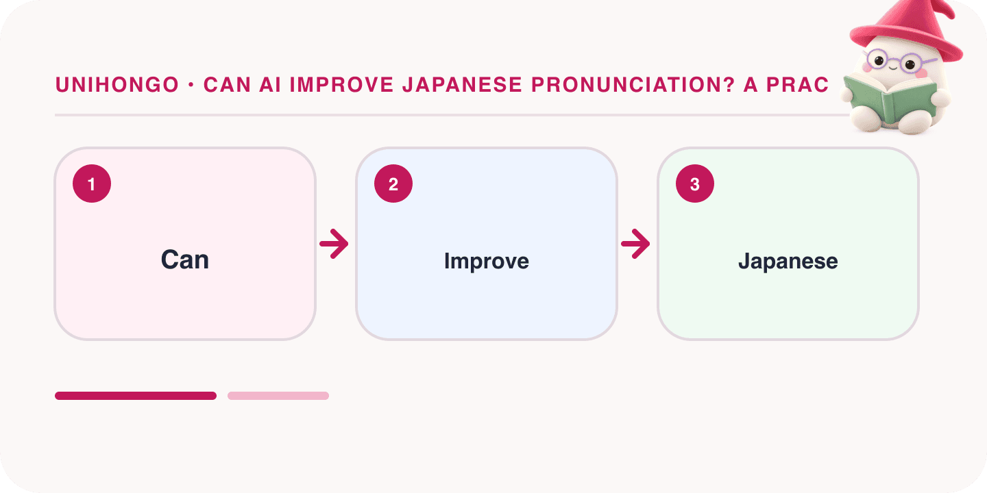 Mochi, Unihongo's mascot, guides a Japanese learning map for Can AI Improve Japanese Pronunciation? A Practical Guide: Can, Improve, Japanese.