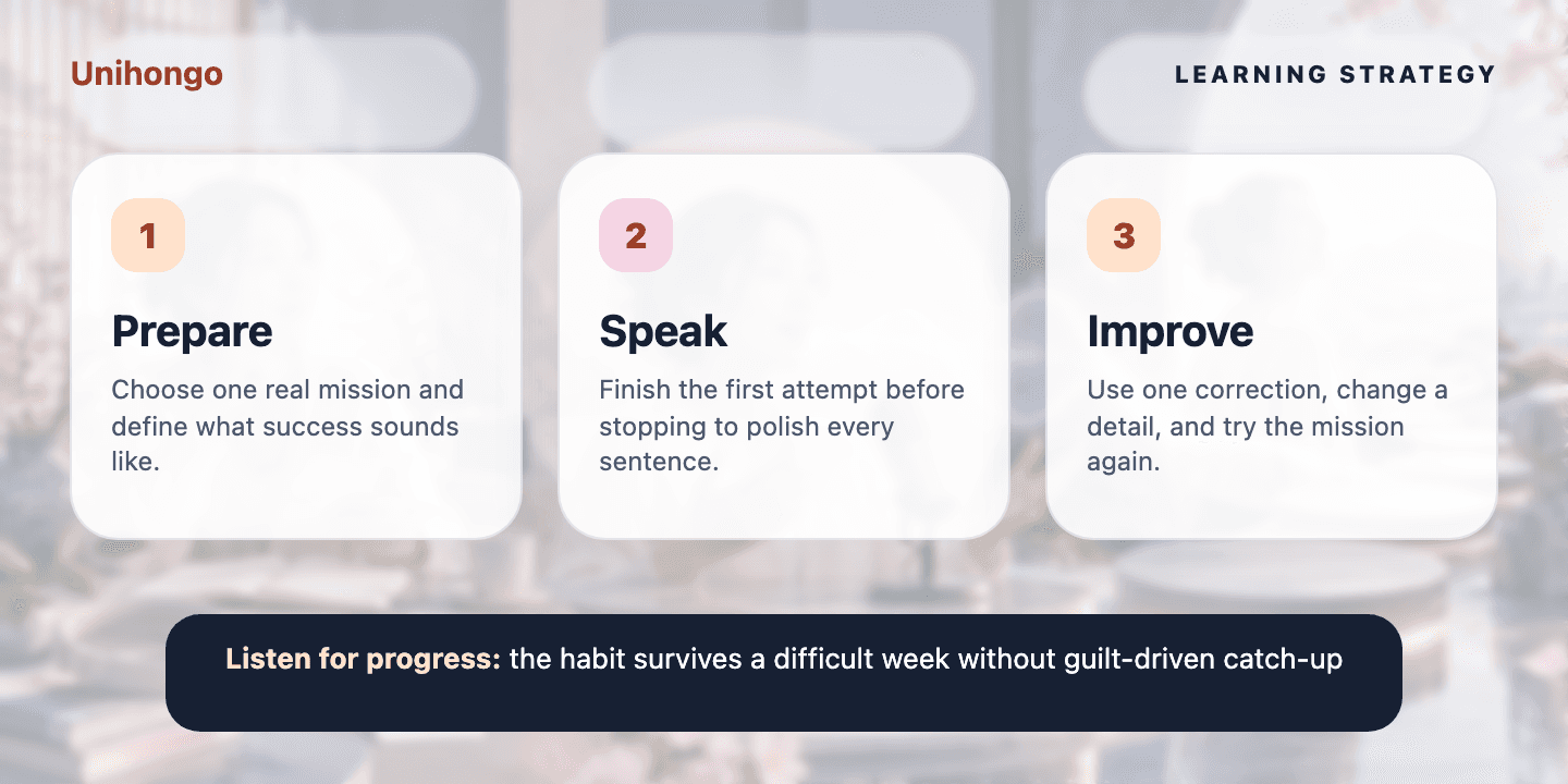 Three-stage visual practice journey for learners who want to keep daily speaking alive through busy and low-energy days