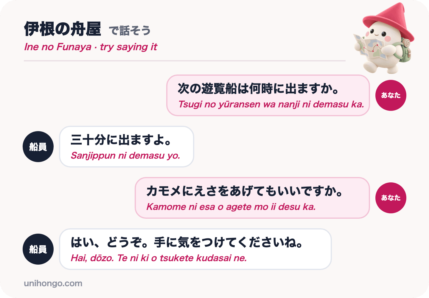 Rozhovor o čtyřech replikách mezi návštěvníkem a členem posádky lodi v Ine o dalším odjezdu plavby a krmení racků v japonštině s romaji