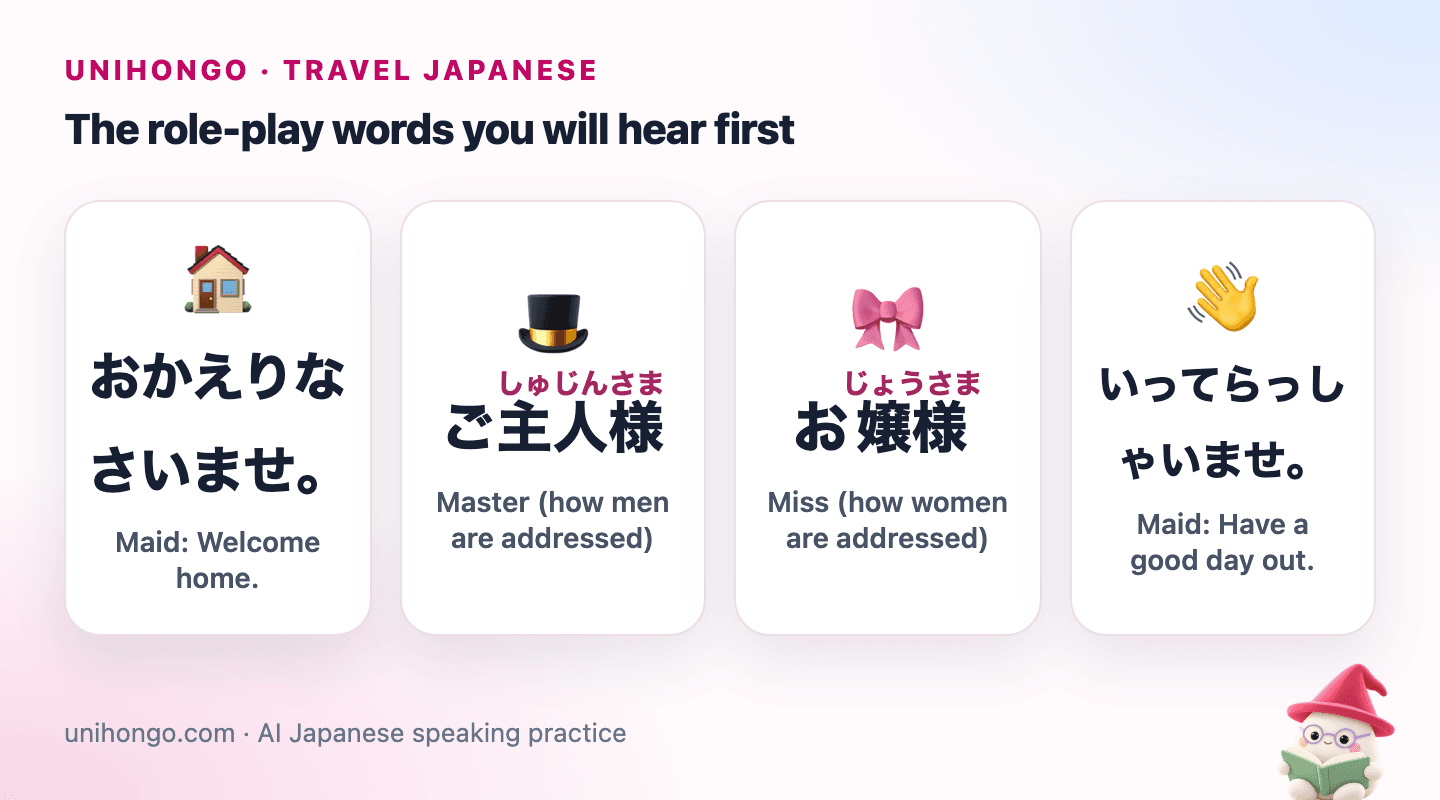 Four picture cards: the welcome home greeting, the word for master, the word for young lady, and the goodbye greeting used as guests leave.